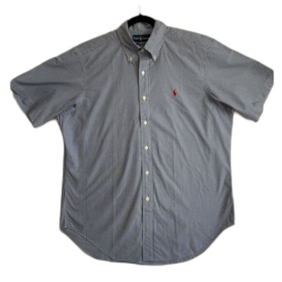 Ralph Lauren Men's SZ L Blue & White Check SS Button Down Shirt Red RL Logo NWOT - Picture 2 of 9